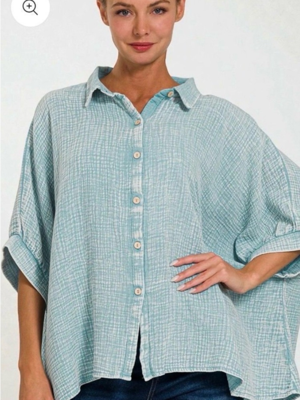 Zenana S/M oversized Button-Front Gauze Shirt - Light Aqua